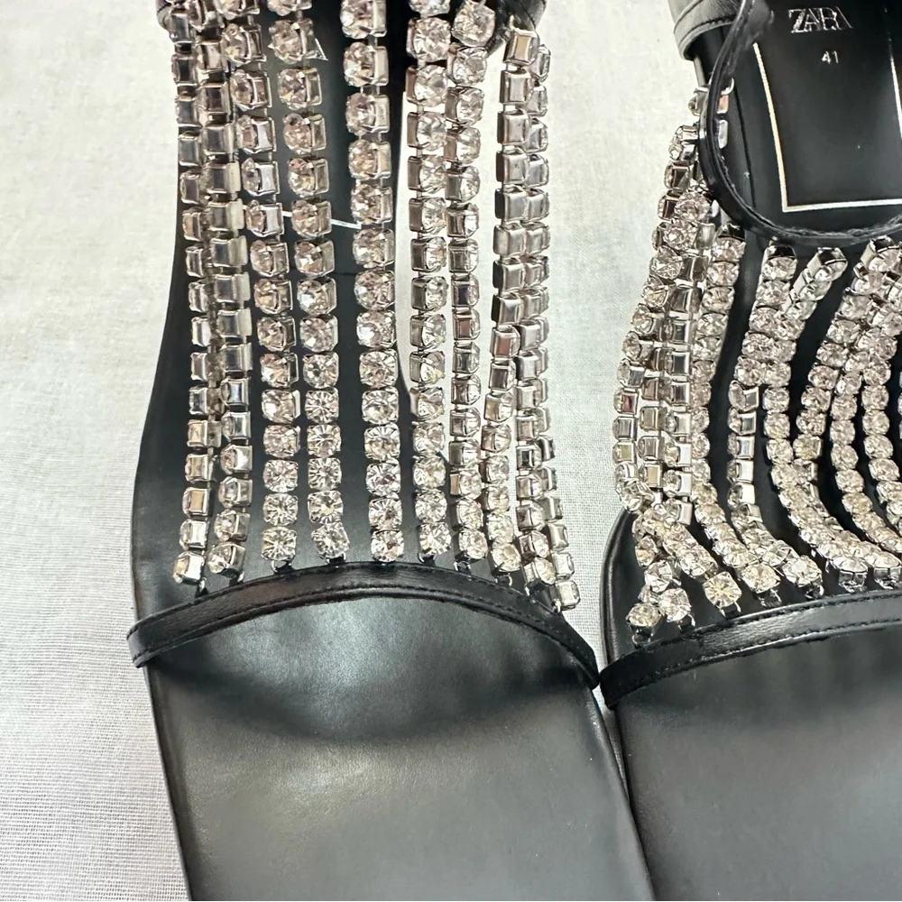New Zara $129 Rhinestone Square Toe Black Sandals 1343/610 Size 10 RARE - Picture 9 of 16